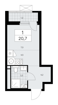 20,7 м², своб. планировка, 14/16 этаж