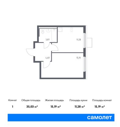 35 м², 1-комн. квартира, 11/17 этаж