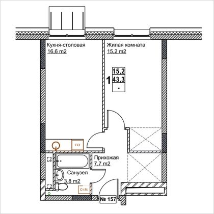 Продажа 1-комнатной квартиры 43,3 м², 4/24 этаж