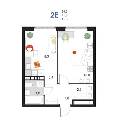 41,3 м², 2-комн. квартира, 2/6 этаж