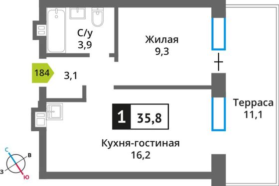 Продажа 1-комнатной квартиры 35,8 м², 1/6 этаж