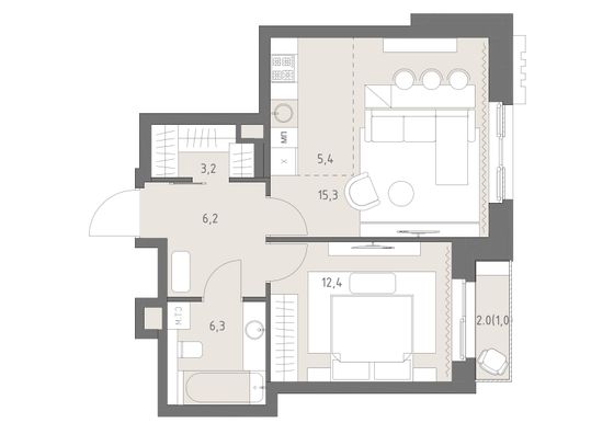 49,8 м², 2-комн. квартира, 4/14 этаж