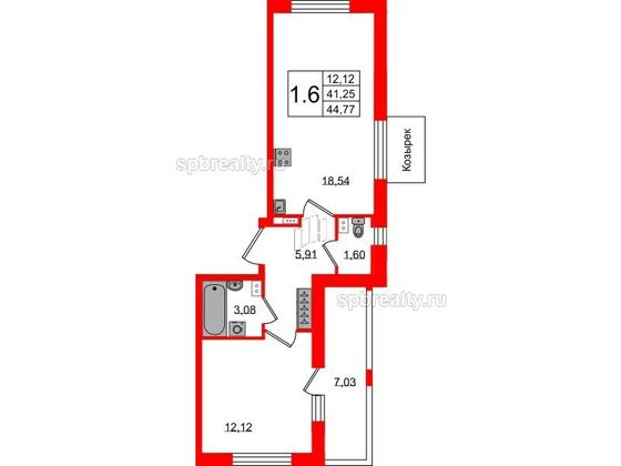 Продажа 1-комнатной квартиры 41,3 м², 1/9 этаж