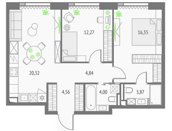 66,2 м², 2-комн. квартира, 12/57 этаж