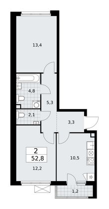 52,8 м², 2-комн. квартира, 2/18 этаж