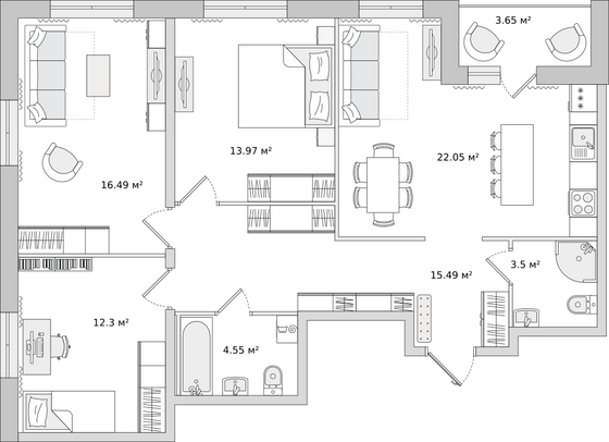 87,2 м², 3-комн. квартира, 9/22 этаж