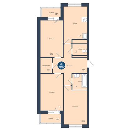 Продажа 3-комнатной квартиры 77,6 м², 9/21 этаж