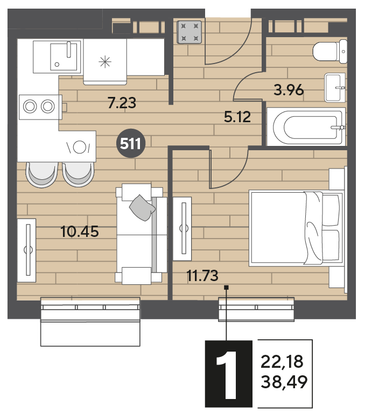 Продажа 1-комнатной квартиры 38,5 м², 9/15 этаж