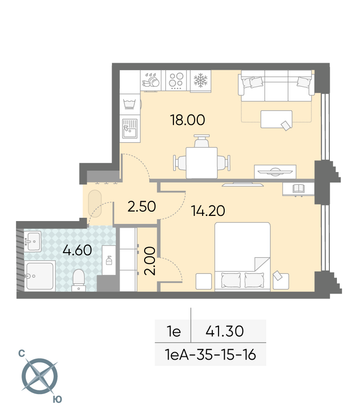 Продажа 1-комнатной квартиры 41,3 м², 16/58 этаж