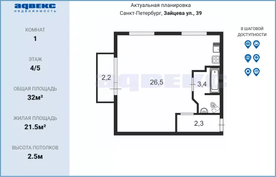 Продажа 1-комнатной квартиры 32 м², 4/5 этаж