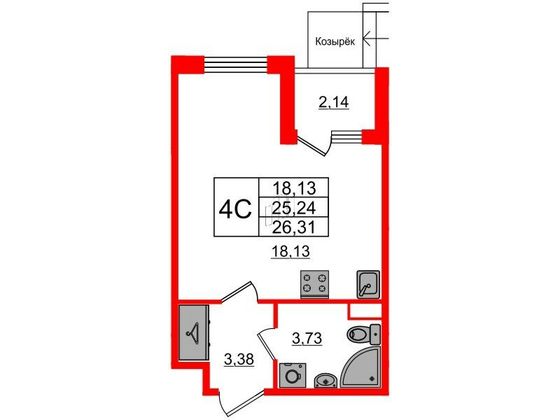 Продажа квартиры-студии 25,2 м², 1/4 этаж