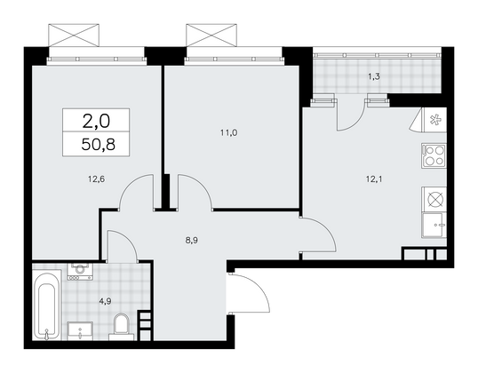 50,8 м², 2-комн. квартира, 14/15 этаж