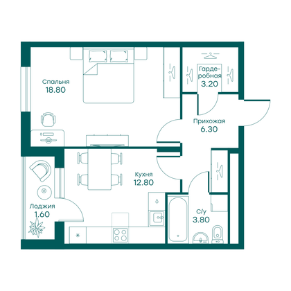 46,5 м², 1-комн. квартира, 2/6 этаж