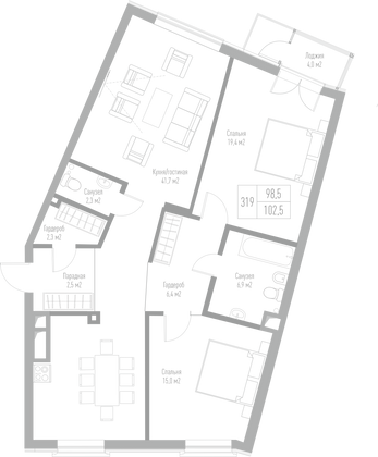 102,5 м², 2-комн. квартира, 4/7 этаж