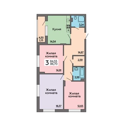 Продажа 3-комнатной квартиры 86,7 м², 2/6 этаж