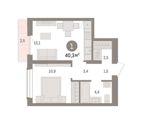 40,3 м², 1-комн. квартира, 3/9 этаж