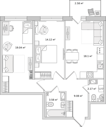 68,7 м², 2-комн. квартира, 2/16 этаж
