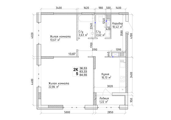 64,6 м², 2-комн. квартира, 1/15 этаж