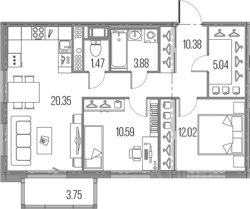 Продажа 2-комнатной квартиры 63,7 м², 6/24 этаж
