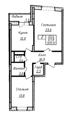 69,5 м², 2-комн. квартира, 2/17 этаж