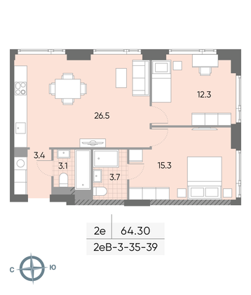 Продажа 2-комнатной квартиры 64,3 м², 38/52 этаж