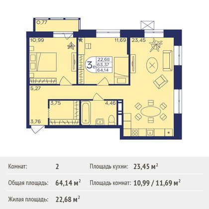 Продажа 2-комнатной квартиры 64,1 м², 16/21 этаж