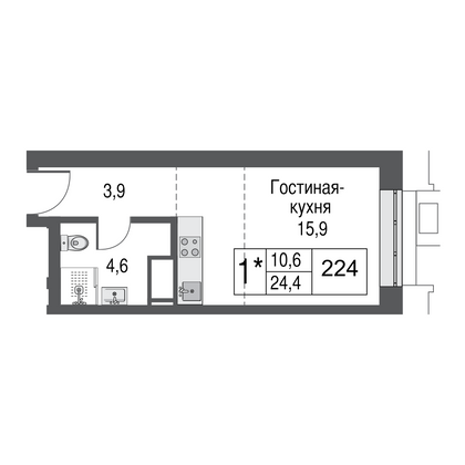 Продажа квартиры-студии 23,9 м², 11/53 этаж