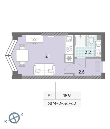 18,9 м², студия, 36/43 этаж