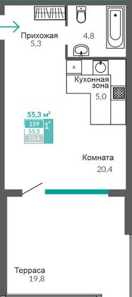 55,3 м², 1-комн. квартира, 1/10 этаж