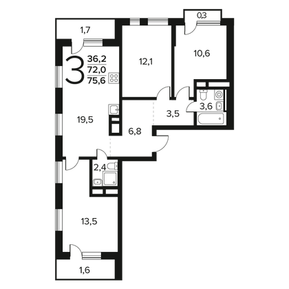 Продажа 3-комнатной квартиры 75,6 м², 3/14 этаж