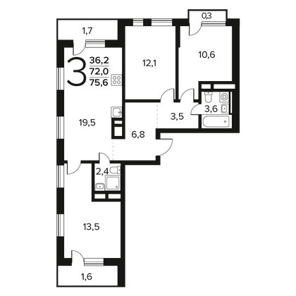 75,6 м², 3-комн. квартира, 3/14 этаж