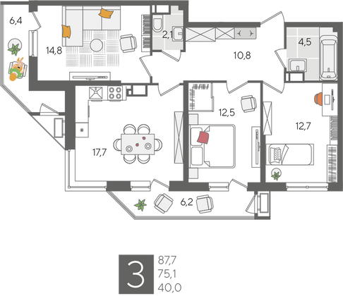 Продажа 3-комнатной квартиры 87,7 м², 20/24 этаж