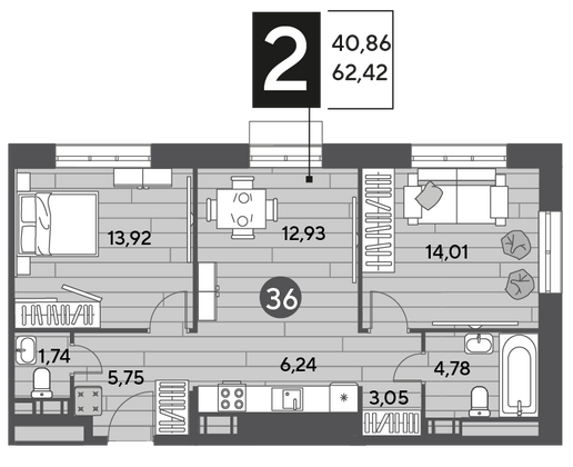 Продажа 2-комнатной квартиры 62,4 м², 9/9 этаж