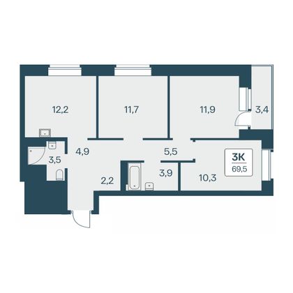 69,5 м², 3-комн. квартира, 9/30 этаж