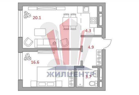 Продажа 1-комнатной квартиры 49,6 м², 11/23 этаж