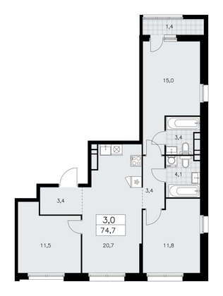 74,7 м², 3-комн. квартира, 12/14 этаж