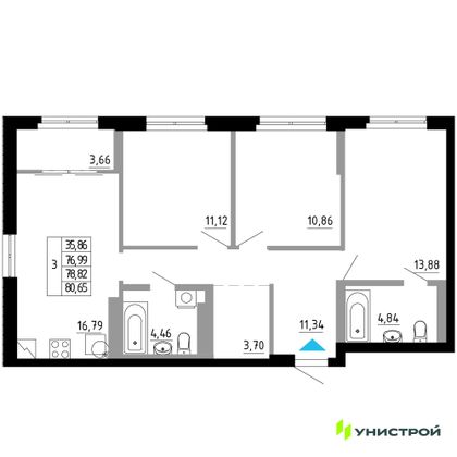 78,8 м², 3-комн. квартира, 15/27 этаж