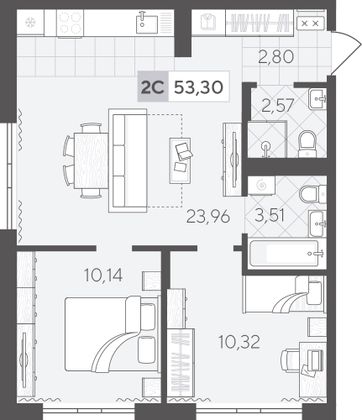 53,3 м², 2-комн. квартира, 2/4 этаж