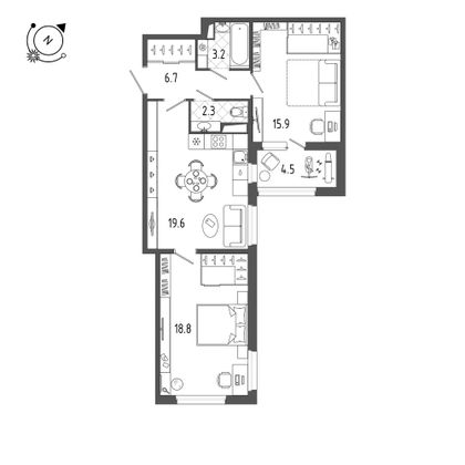 68,7 м², 2-комн. квартира, 2/10 этаж