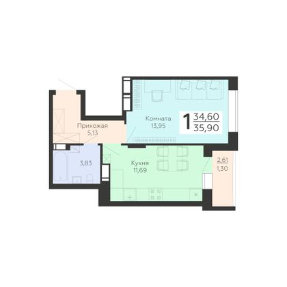 Продажа 1-комнатной квартиры 35,9 м², 4/19 этаж