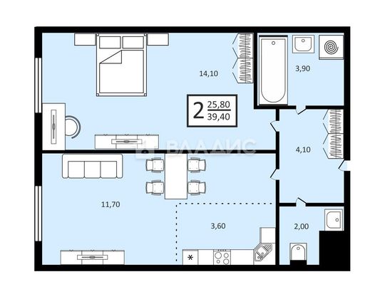 Продажа 2-комнатной квартиры 39,4 м², 12/33 этаж