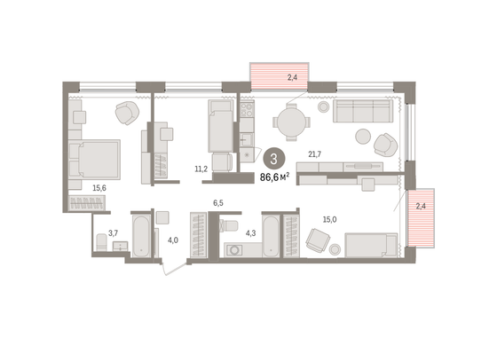 86,6 м², 3-комн. квартира, 16/17 этаж