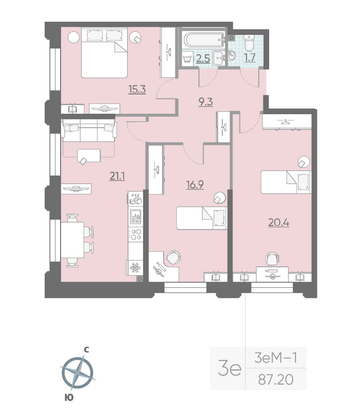 Продажа 3-комнатной квартиры 87,2 м², 2/23 этаж