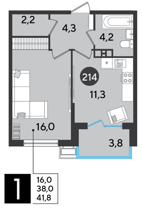 Продажа 1-комнатной квартиры 41,8 м², 9/9 этаж