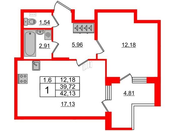 Продажа 1-комнатной квартиры 39,7 м², 1/5 этаж