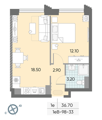 Продажа 1-комнатной квартиры 36,7 м², 33/58 этаж