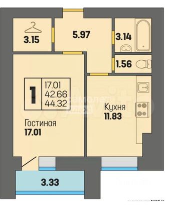 Продажа 1-комнатной квартиры 43,5 м², 10/10 этаж