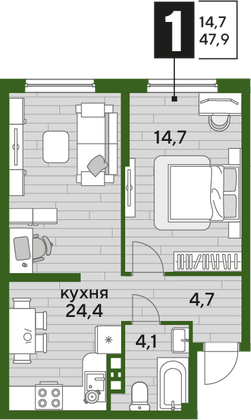 Продажа 1-комнатной квартиры 47,9 м², 3/16 этаж