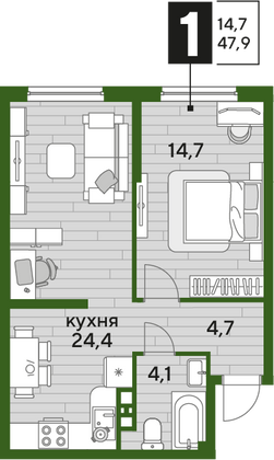 Продажа 1-комнатной квартиры 47,9 м², 8/16 этаж