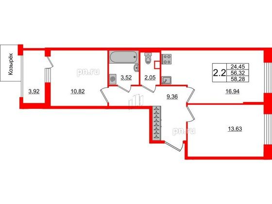 Продажа 2-комнатной квартиры 56,3 м², 1/12 этаж